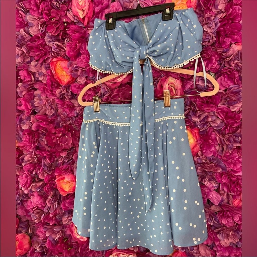 Baby Blue Polka Dot Skirt And Top Set